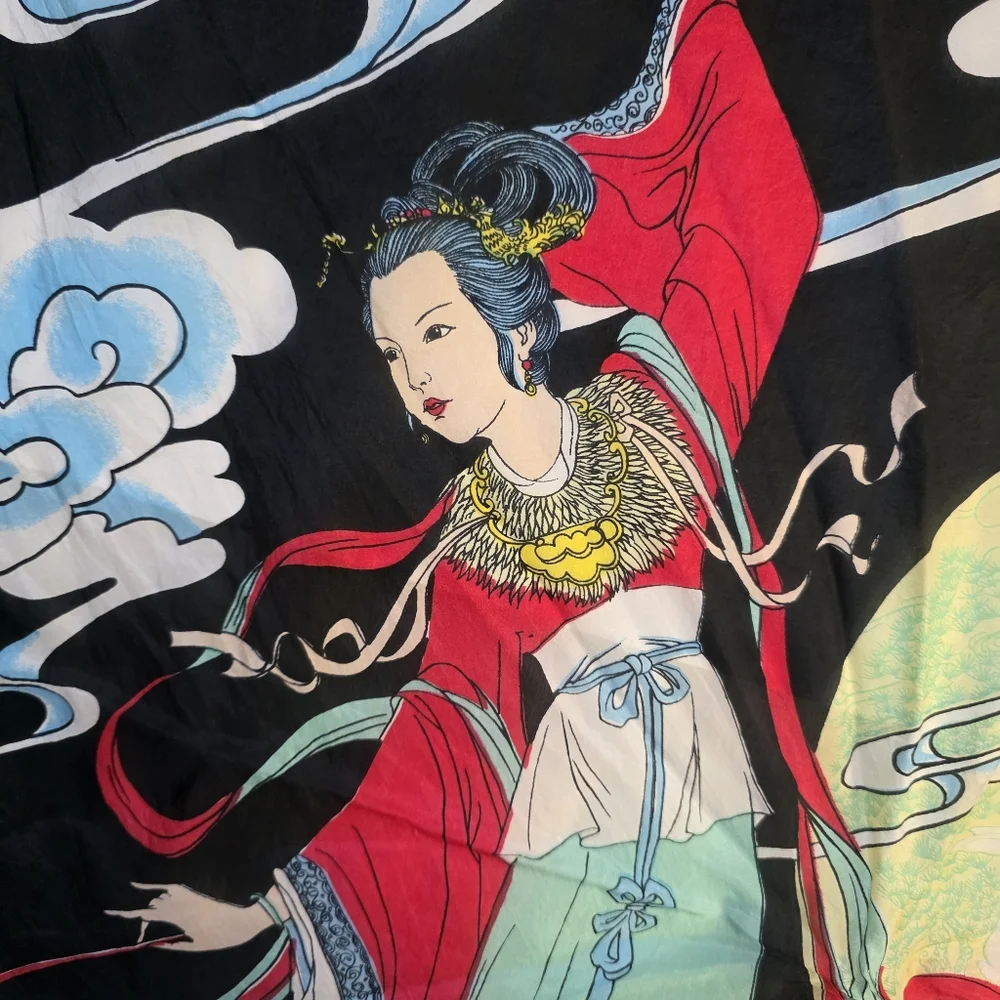 Vintage Silk Asian Scarf Goddess Of The Moon Joga Red and Blue Accents 100% Silk